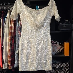 B Darlin Shimmering White Sequin Mini Dress